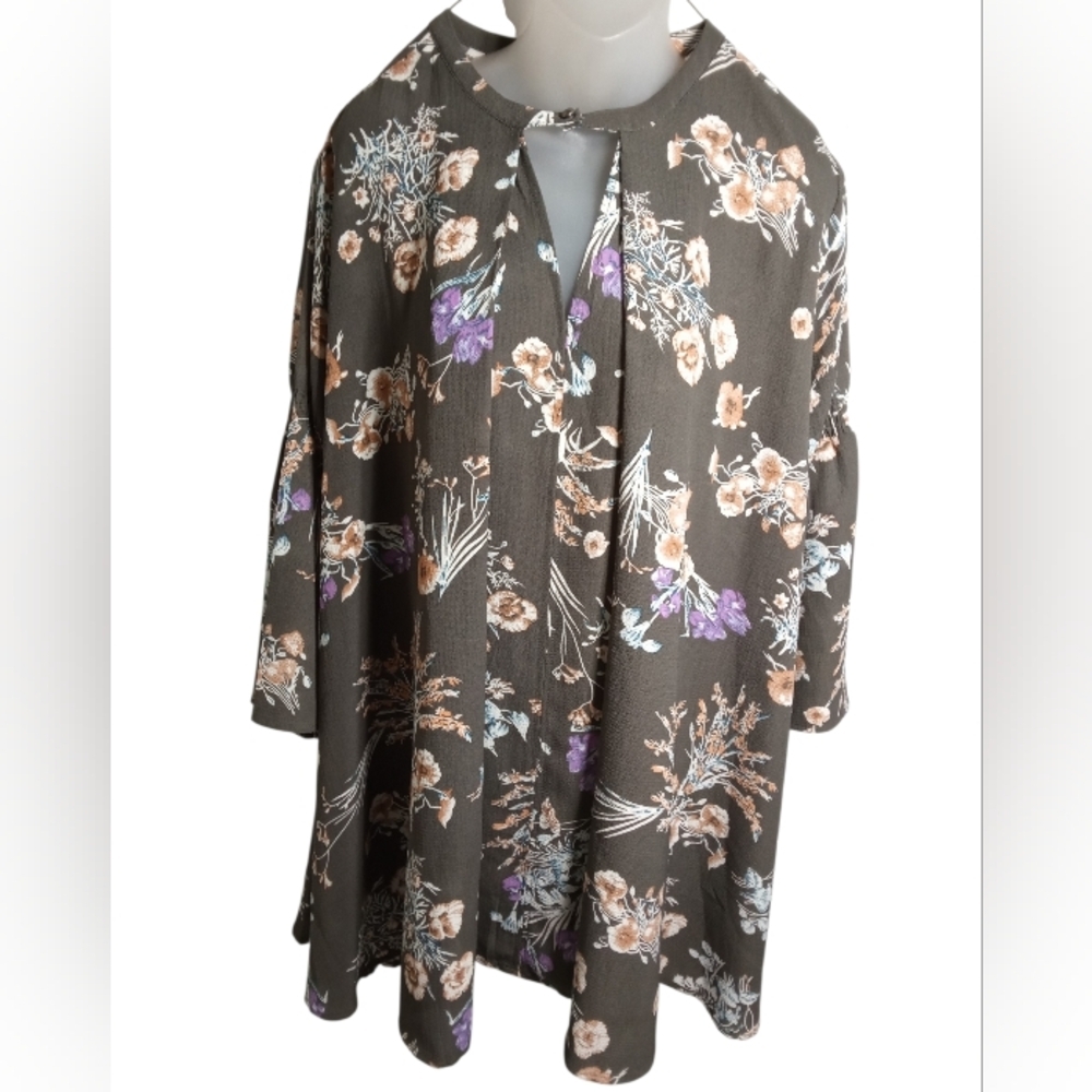 Umgee Floral Keyhole Tunic Blouse Boho Cottagecore Flowy Long Sleeve Top Sz L